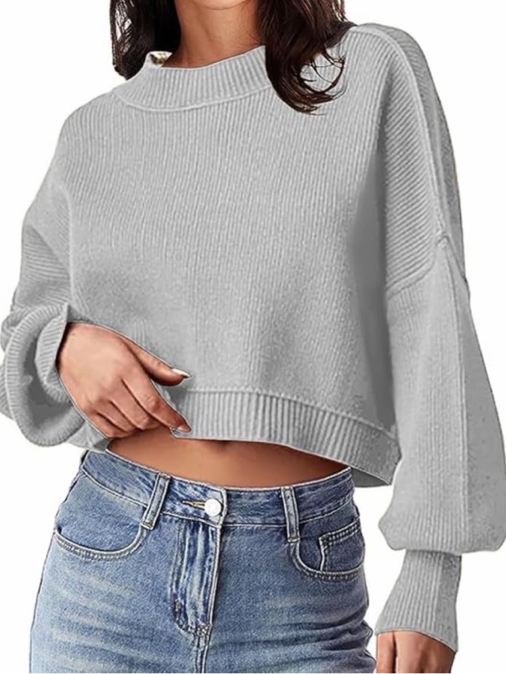 Jenisso Oversized Cropped Ribbed Crewneck Sweater in Light Gray